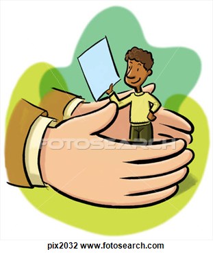Clip Art   A Small Man With A Document Held Between Two Large Hands
