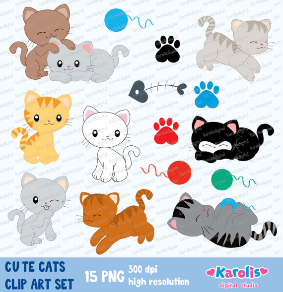 Cute Cats   Digital Clip Art Set   Personal   Commercial Use   Instant
