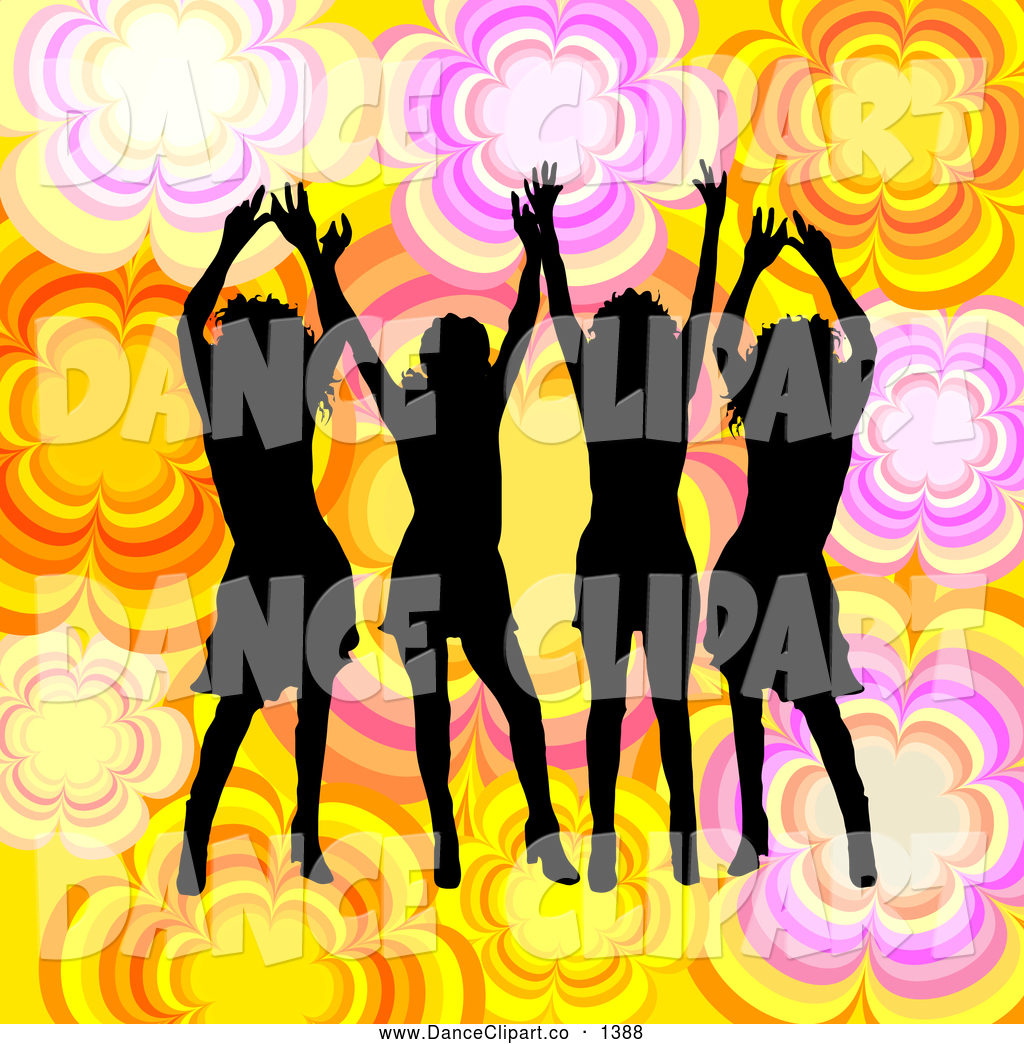 Clip Art Of A Group Of Four Black Silhouetted Women Dancing Over A