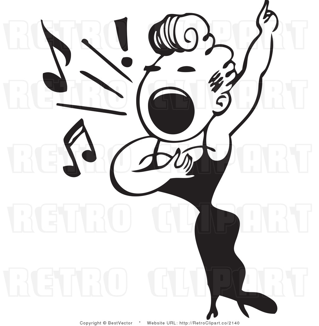 Black And White Retro Vector Clip Art Of A Woman Hitting High Music