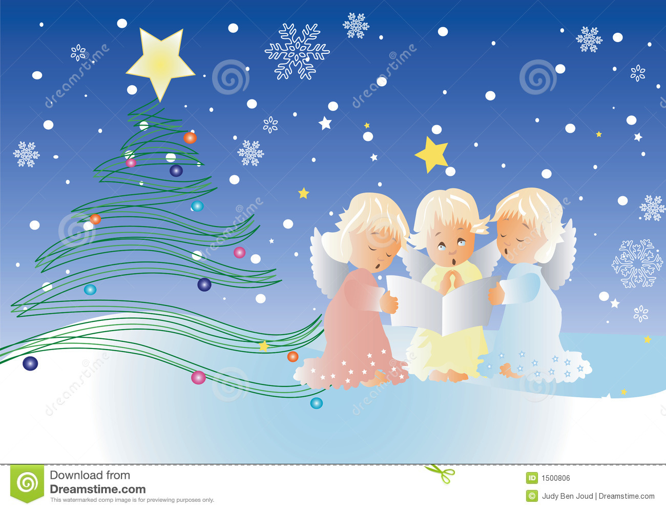 Christmas Scene With Three Cute Cherubs Singing Christmas Carols On A
