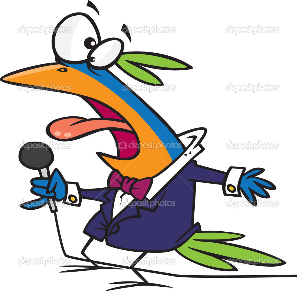 Clipart Cartoon Vocal Singing Bird Holding A Microphone   Royalty Free