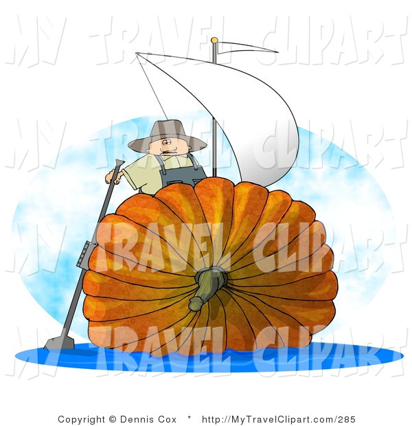 Clipart Of A Silly Man Sailing On An Oversized Pumpkin Sailboat By