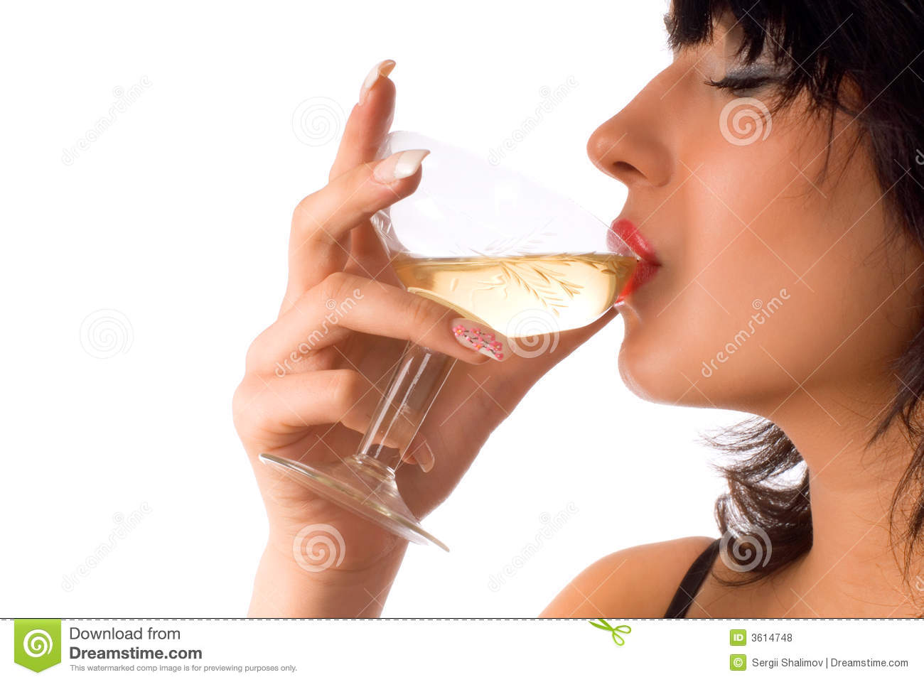 Brunette Girl Is Drinking Wine With Closed Eyes On The White