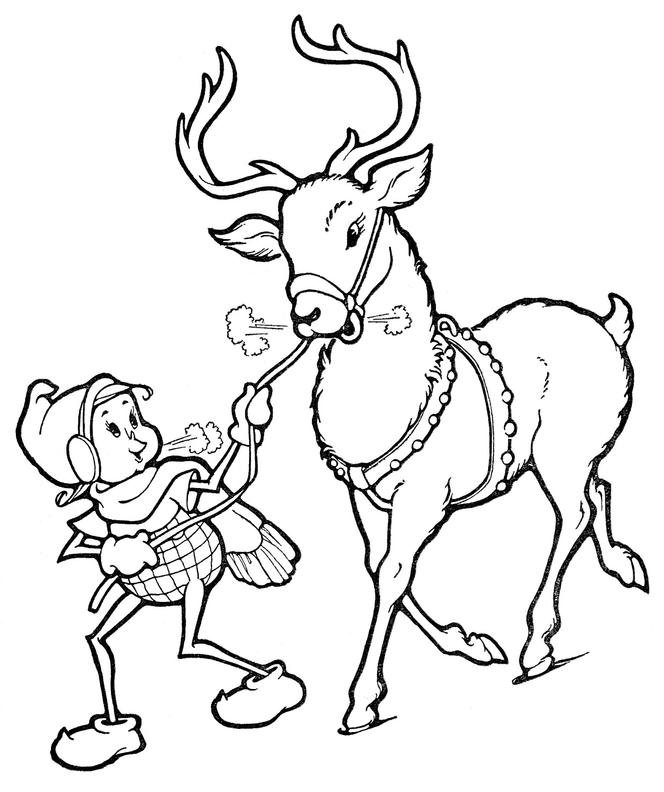 Christmas Line Art   Elf With Reindeer   The Graphics Fairy