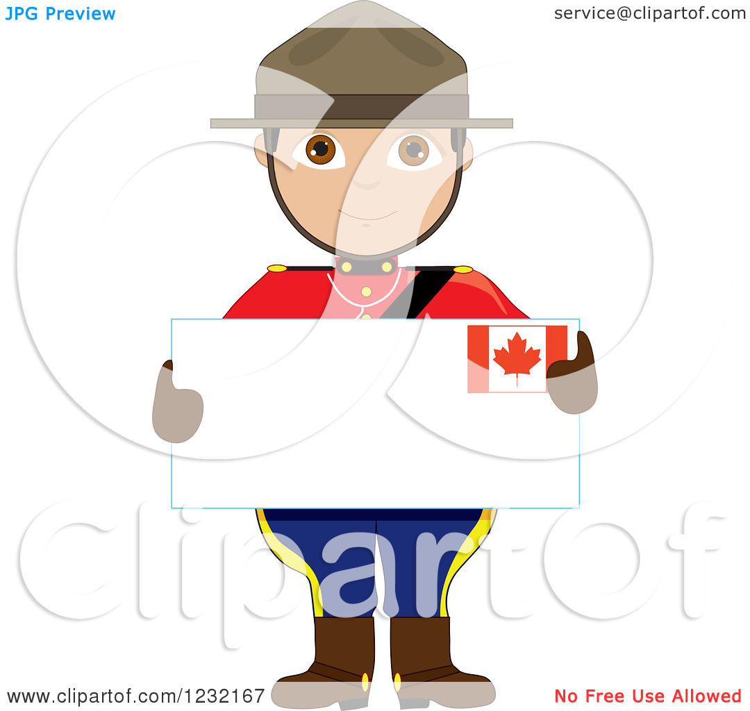 Clipart Of A Royal Canadian Mountie Holding A Sign With A Maple Leaf