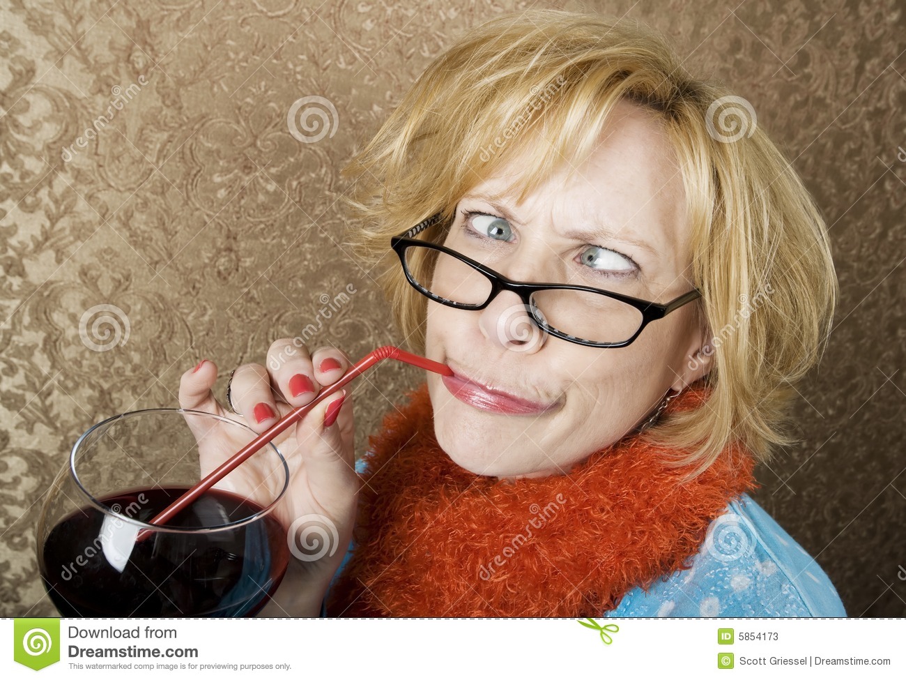 Crazy Woman With Crossed Eyes Drinking Wine Through A Straw