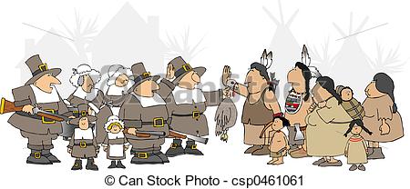     Depicts American Indians And Pilgrims Meeting For Thanksgiving Dinner
