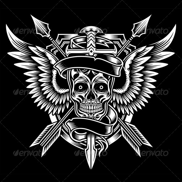 Winged Skull With Sword And Arrows   Tattoos Vectors