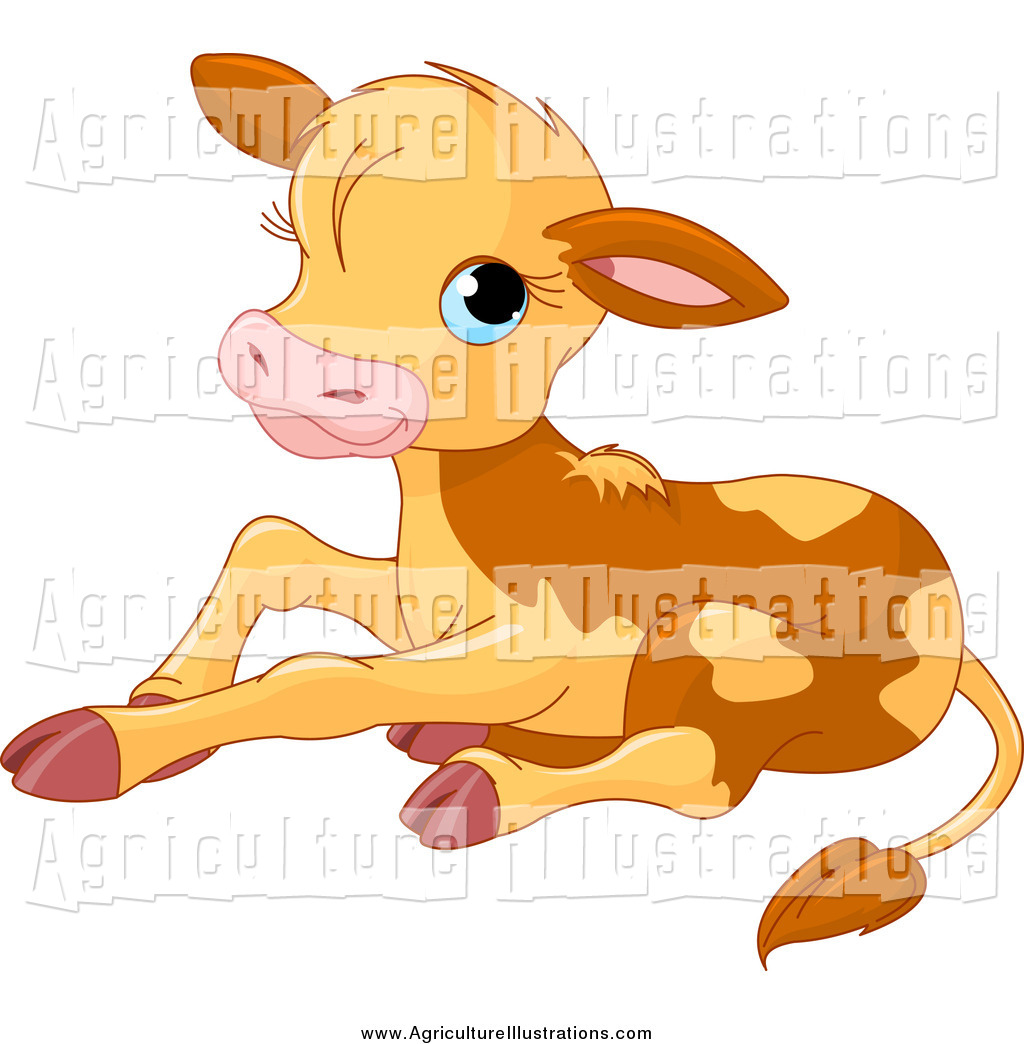 Agriculture Clipart Of A Cute Baby Calf Cow Resting By Pushkin    847