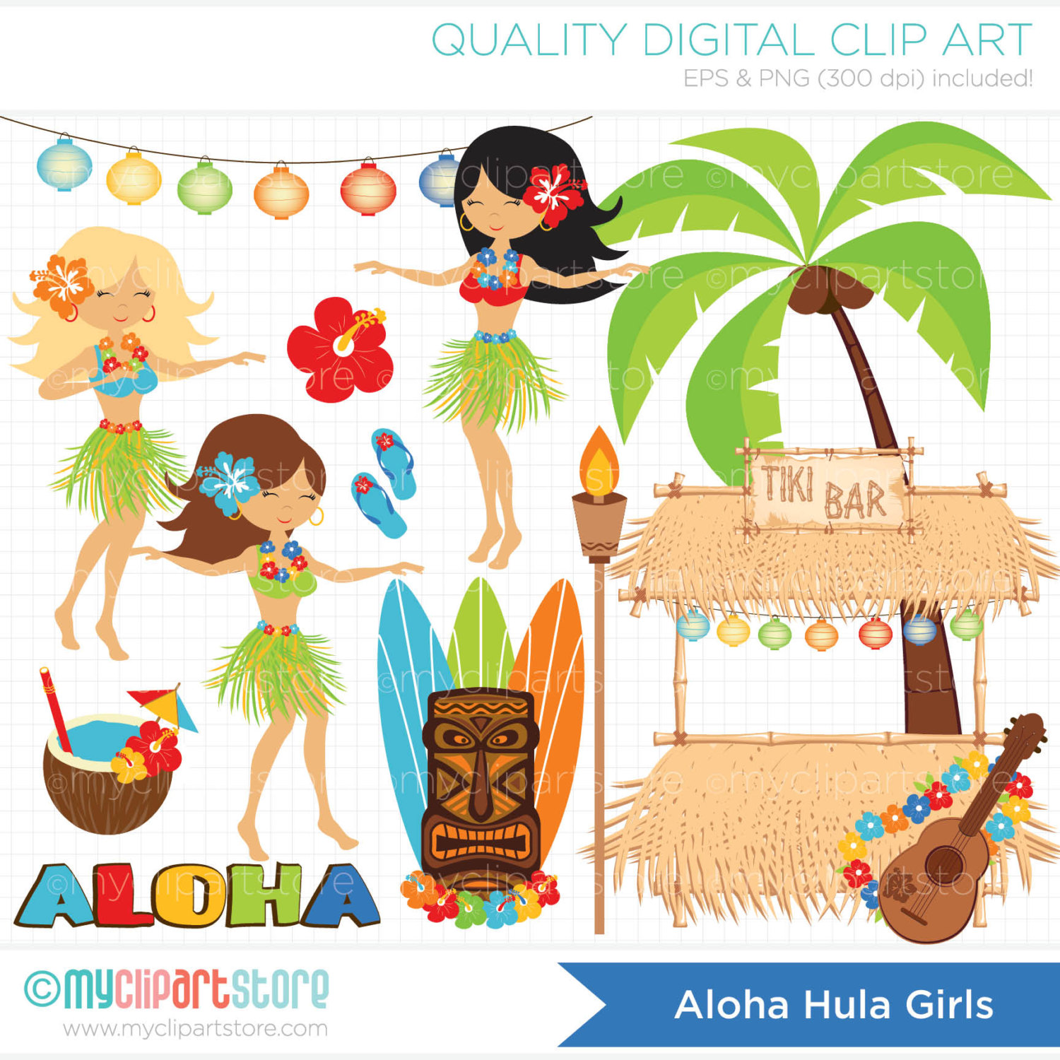 Aloha Hula Girls   Luau   Tiki Clip Art   By Myclipartstore
