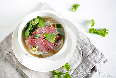 Beef Noodle Soup With Noodles Pho From Vietnam With Coriander Chili