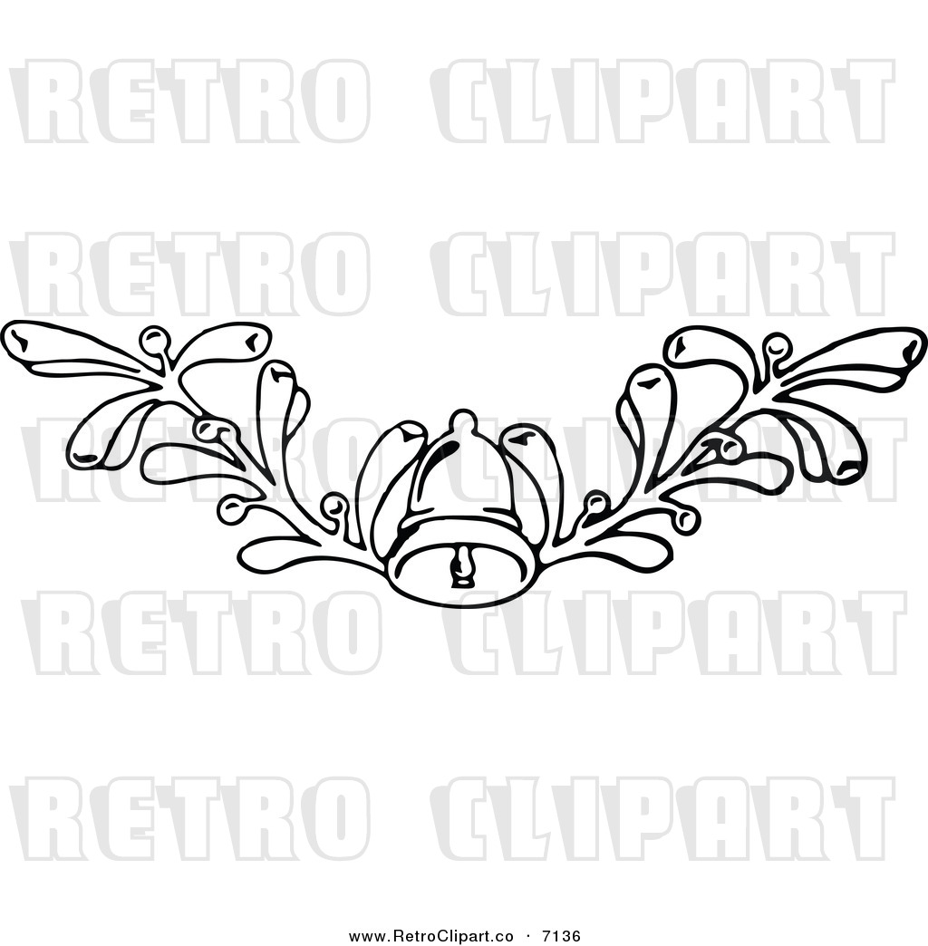 Vector Clipart Of A Retro Black And White Christmas Mistletoe And Bell