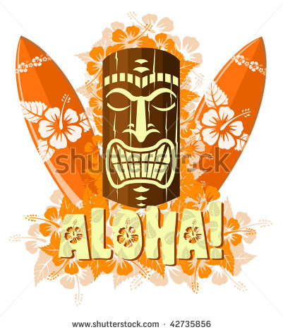 Vector Illustration Of Orange Tiki Mask With Surf Boards And Hand