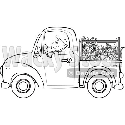 Cartoon Of An Outlined Farmer Driving A Truck With Corn In The Bed