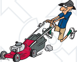 Clipart Illustration Of A Hyper Man Running And Pushing A Red Lawn