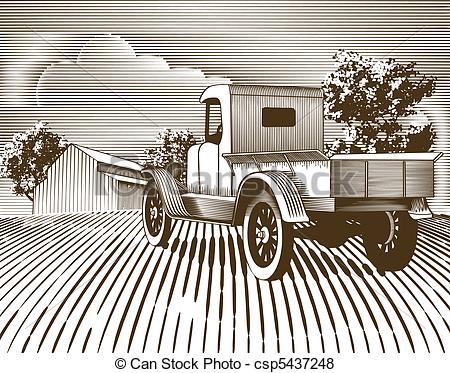 Vector Of Vintage Truck Scene   Woodcut Style Illustration Of An Old