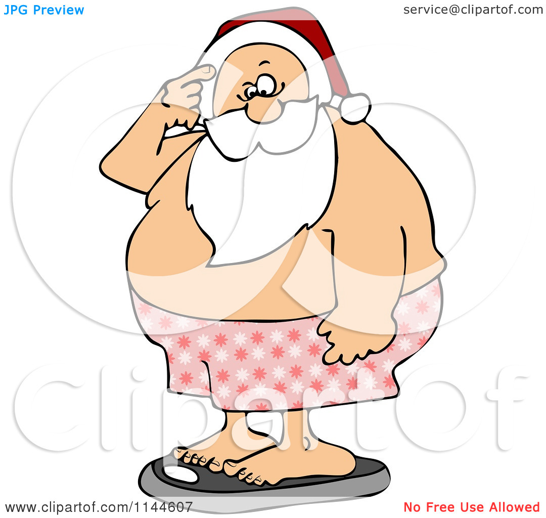 Cartoon Of Santa Scratching His Head And Weighing Himself   Royalty
