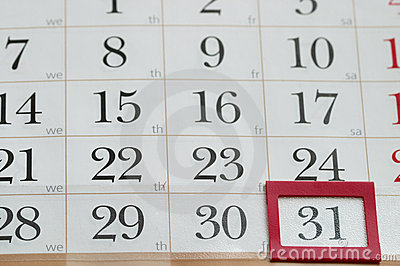 End Of The Month With Red Plastic Mark Frame On 31 Digit Calendar