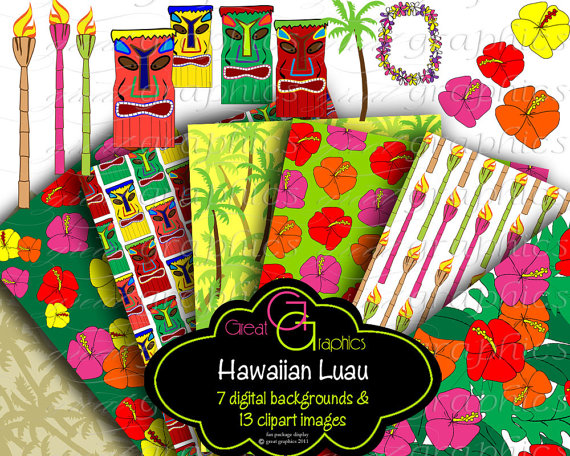 Hawaiian Luau Digital Paper Luau Party Clip Art Hawaii Luau Clipart