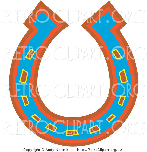 Retro Clipart Of A Lucky Blue Red And Orange Horseshoe On A Solid