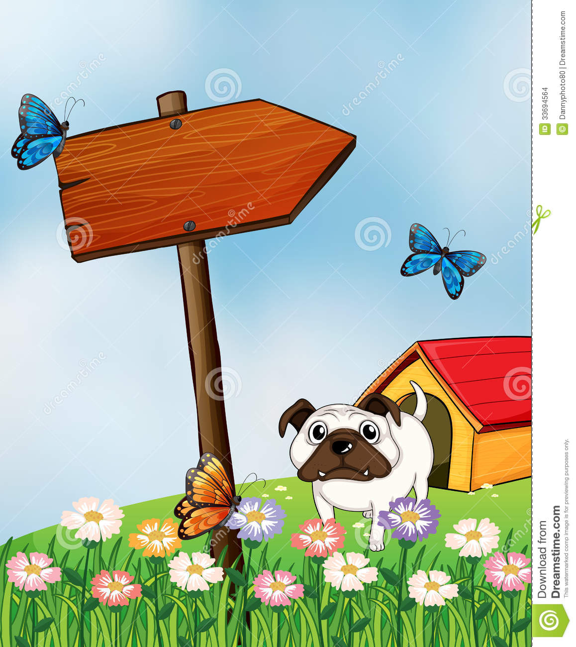Bulldog And The Three Colorful Butterflies Stock Images   Image