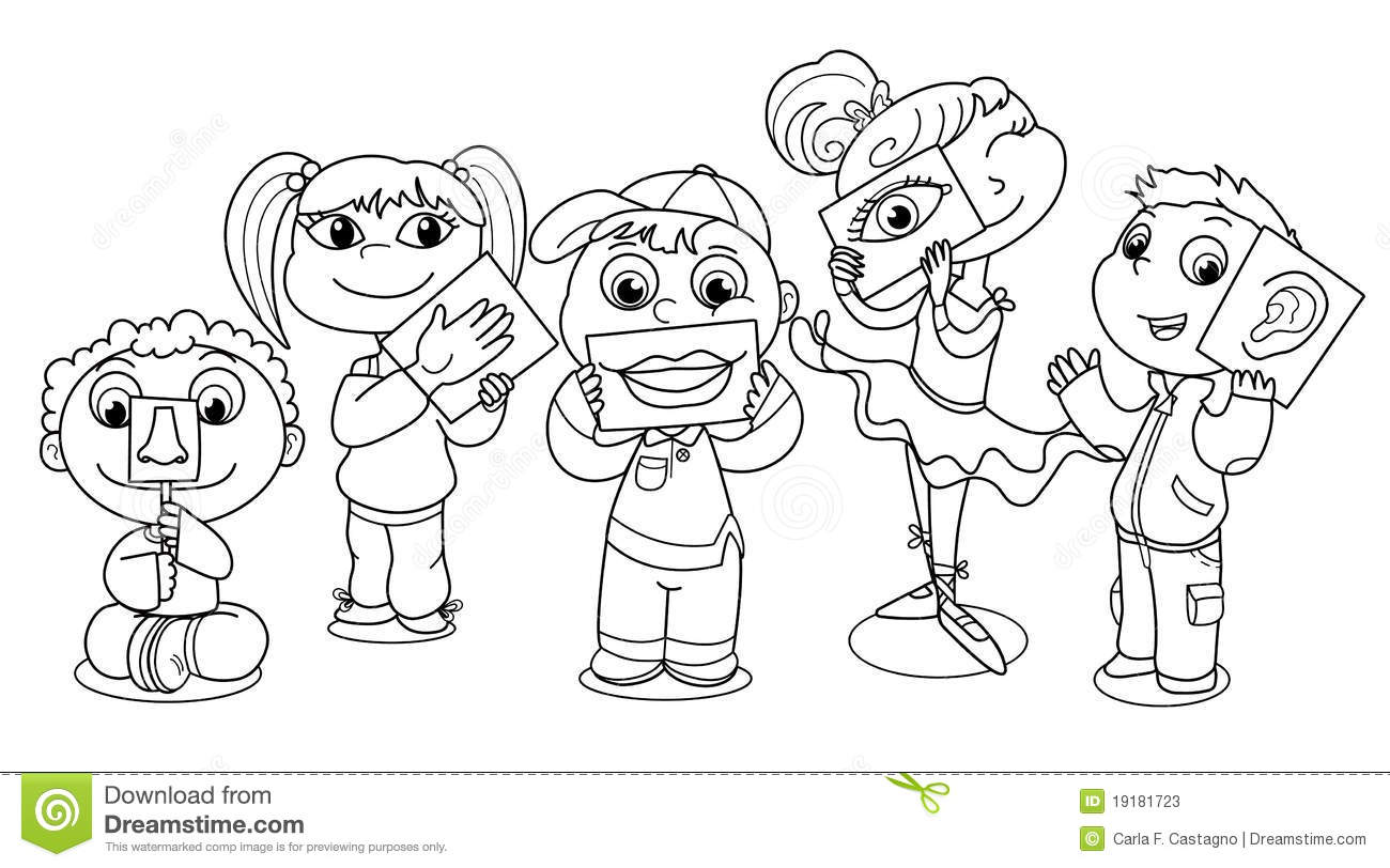 Children Showing Five Senses  Coloring Cartoon Illustration
