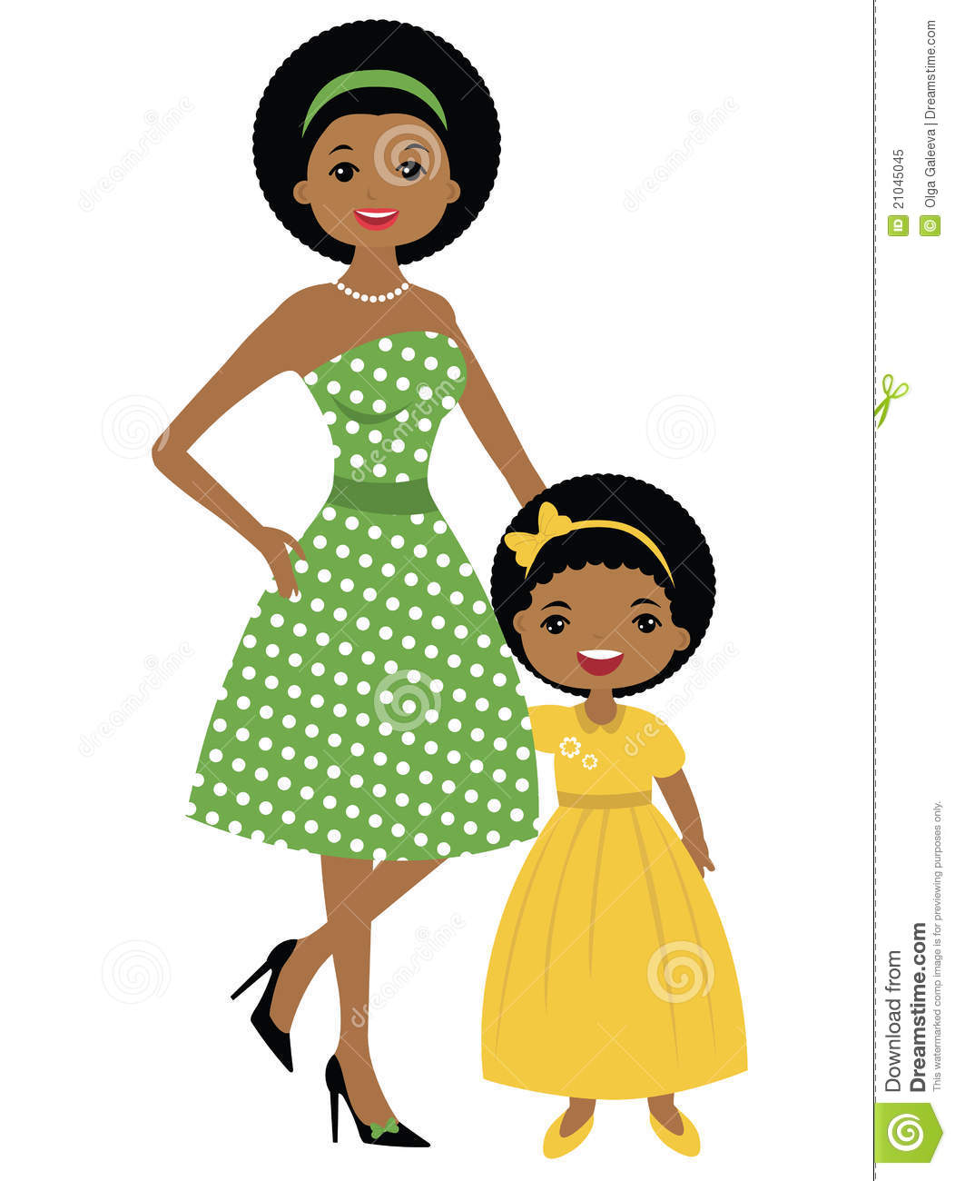 Vector Illustration Of An African American Mom And Daughter Fifties
