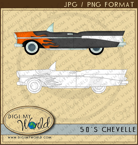 1950s Chevelle Retro Car Flame Car Clipart And Digital Stamp Combo
