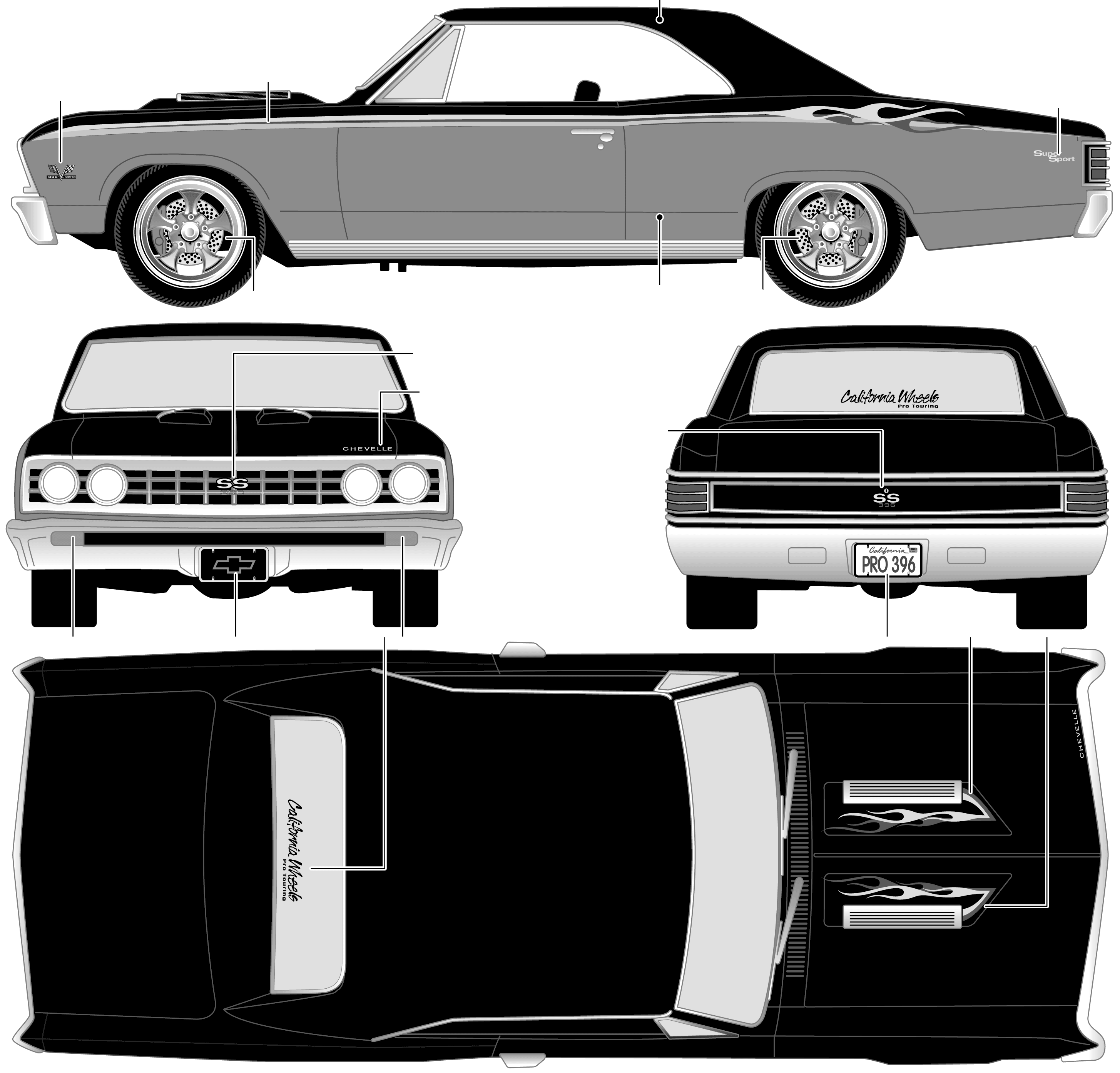 Car Blueprints   Chevrolet Chevelle Ss 396 Blueprints Vector Drawings