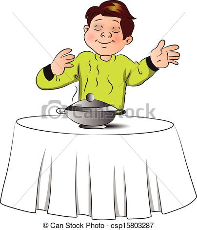 Illustration Of Pleased Boy Smelling The Food In Bowl Over Table