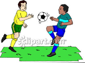 Two Boys Playing Soccer   Royalty Free Clipart Picture