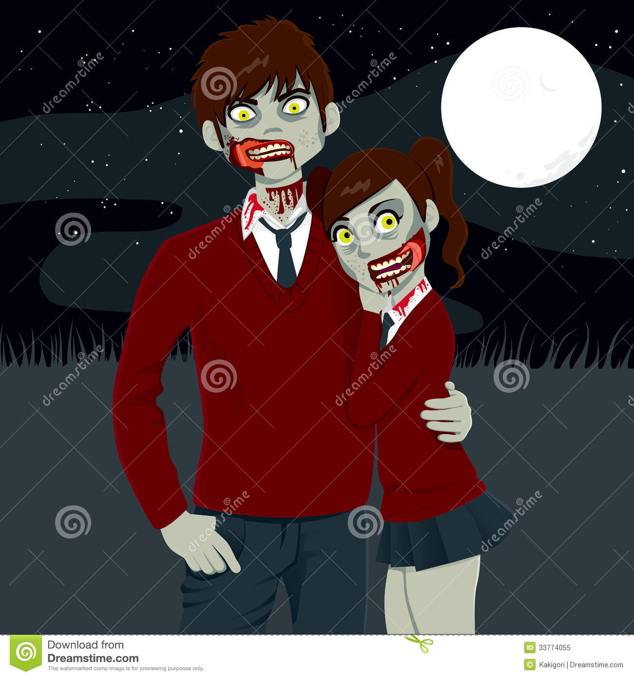 Zombie High School Couple Hugging Together On A Dark Halloween Full    