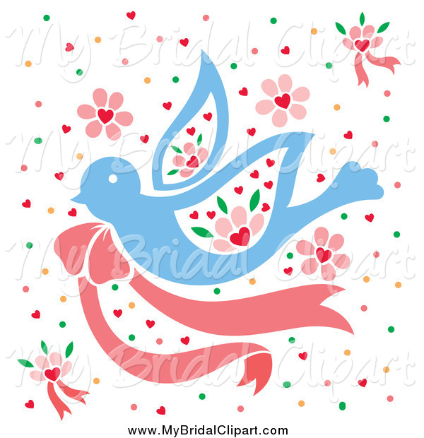 Bridal Clipart Of A Blue Dove Flying A Pink Bow Confetti And Flowers