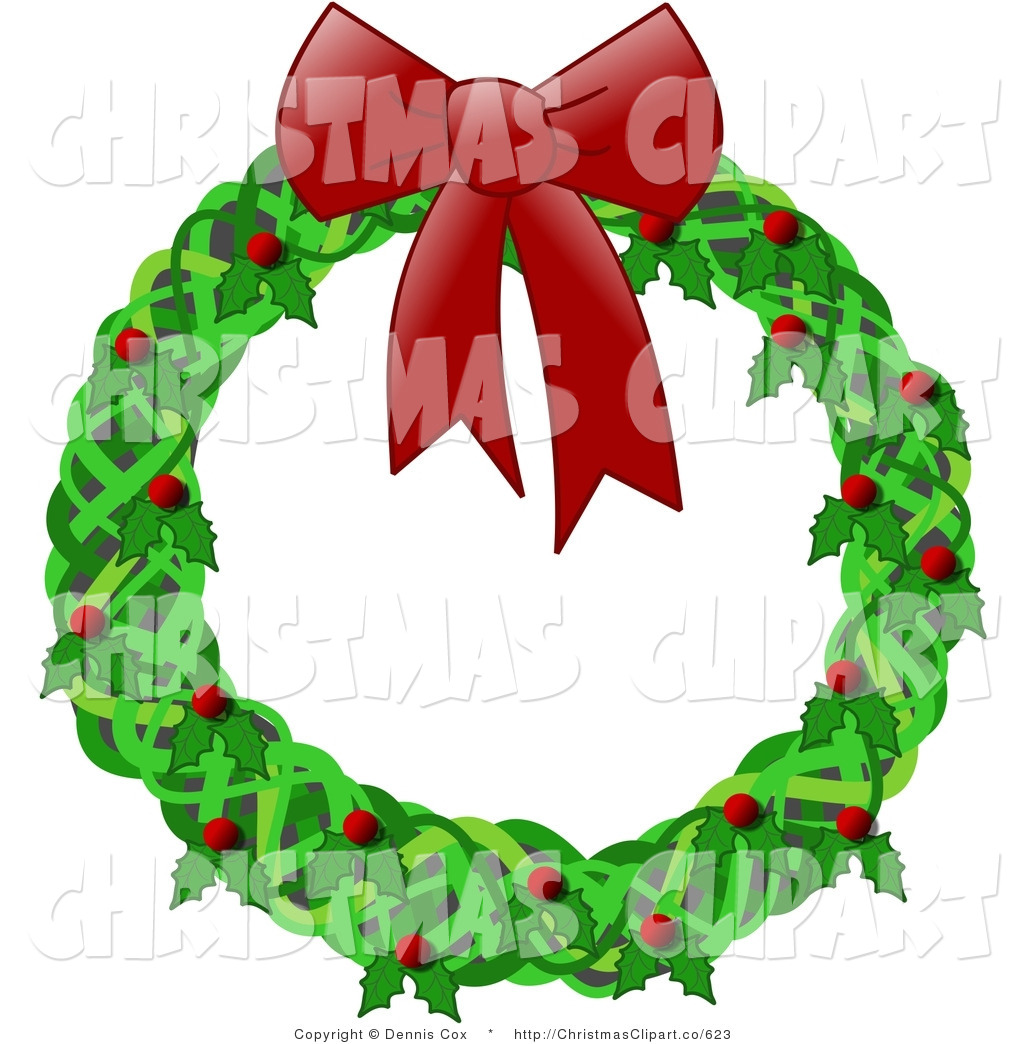 Clipart Of A Green Christmas Wreath With A Red Bow Holly And Berries