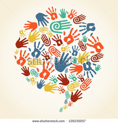 Diversity Multi Ethnic Hand Prints In Social Speech Bubble Shape
