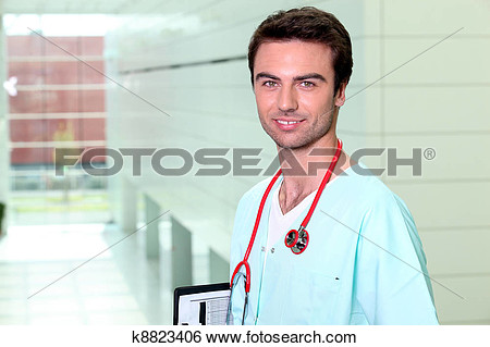Stock Illustration Of Smiling Male Nurse Alone In A Corridor K8823406