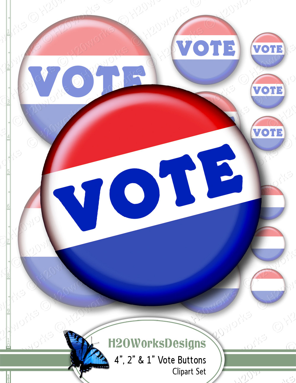 Vote Buttons Clipart Set   Red White Blue July 4th   Circles 4x4