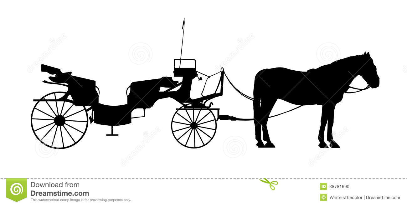 Black Silhouette Of An Old Style Wooden Carriage With One Horse In