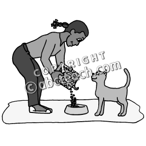Clip Art  Kids  Chores  Feeding The Cat Grayscale   Preview 1