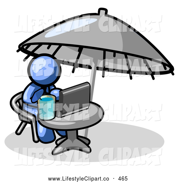 Clip Art Of A Traveling Blue Business Person Sitting Under An Umbrella    