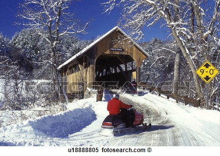 Covered Bridge Snowmobile Snowmobiling On A Snow Covered Country    