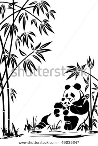 Panda With A Cub In Bamboo Thickets    Stock Vector
