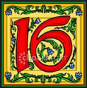 Red Number 16 With Blue Flowers   Royalty Free Clipart Picture