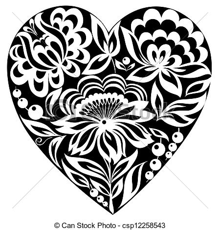 Silhouette Of The Heart And Flowers On It  Black And White Image  Old