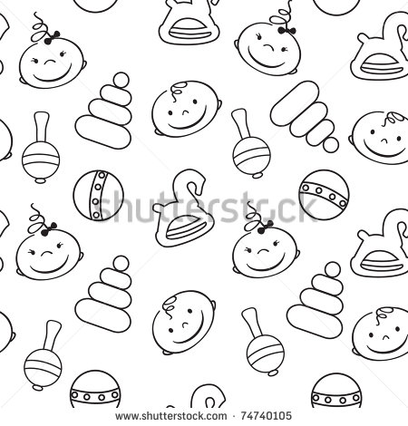 Vector Black And White Seamless Pattern With Babies Faces And Toys
