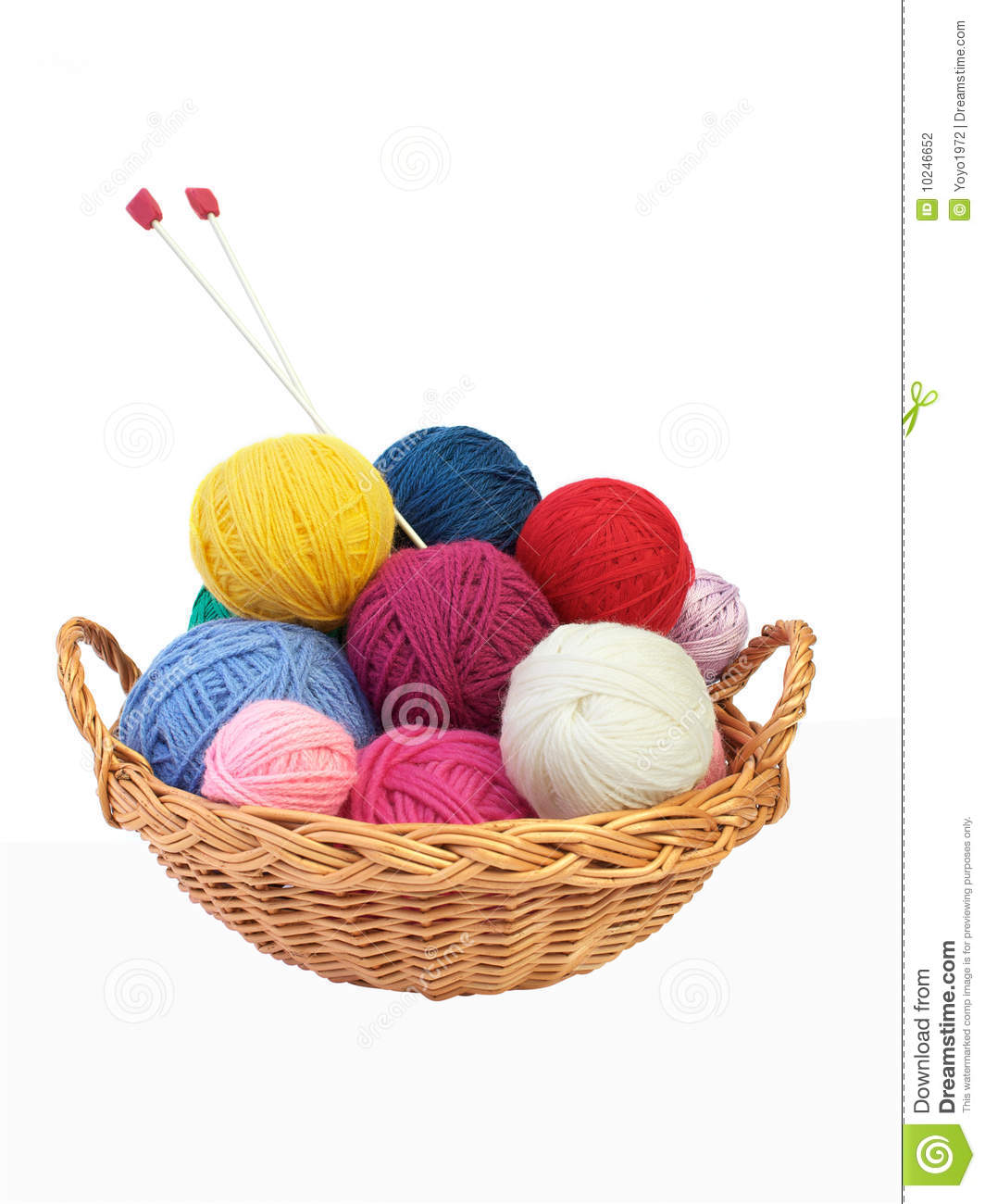 Colorful Yarn Balls And Needles In A Straw Basket Isolated On White