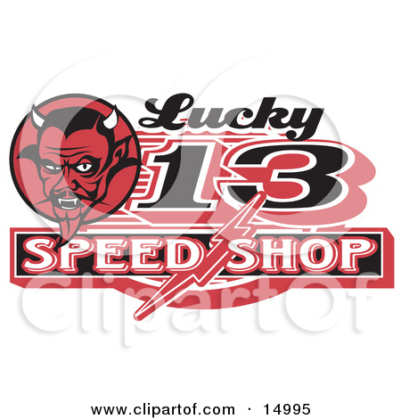 Red Horned Devil Man On A Lucky 13 Speed Shop Advertisement Clipart