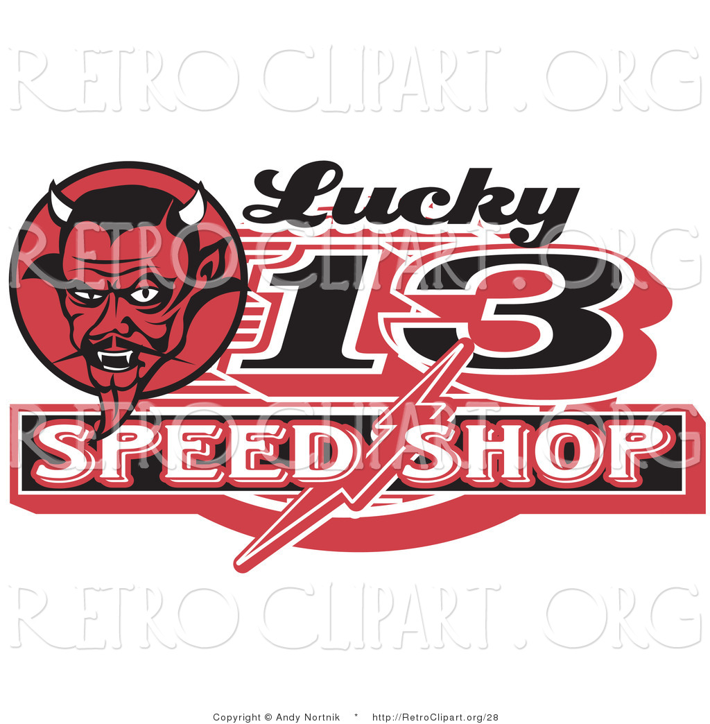 Retro Clipart Of A Red Horned Devil Man On A Lucky 13 Speed Shop