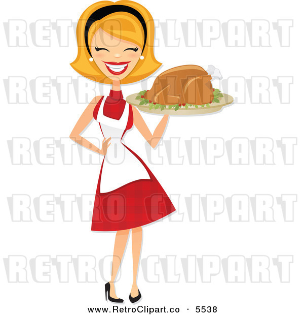 Vector Clipart Of A Happy Retro Housewife Carrying A Roasted